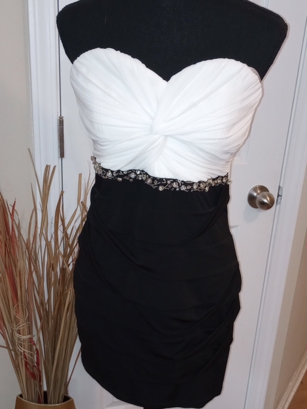 City Triangles Black and White Strapless Ruched Cocktail Dress with Beaded Waist